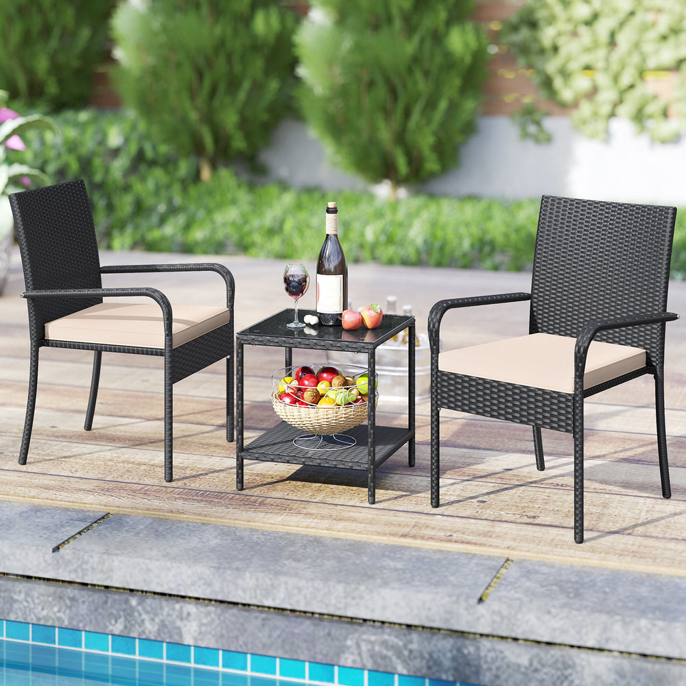 Crafted from appealing and long-lasting PE rattan<br>Comfortable to sit with ergonomic backrest and armrests<br>Soft seat cushions bring more coziness<br>Zippered cushion covers for simple maintenance<br>Side table with 2-tier design for more storage spac
