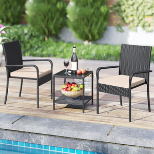 Crafted from appealing and long-lasting PE rattan<br>Comfortable to sit with ergonomic backrest and armrests<br>Soft seat cushions bring more coziness<br>Zippered cushion covers for simple maintenance<br>Side table with 2-tier design for more storage spac