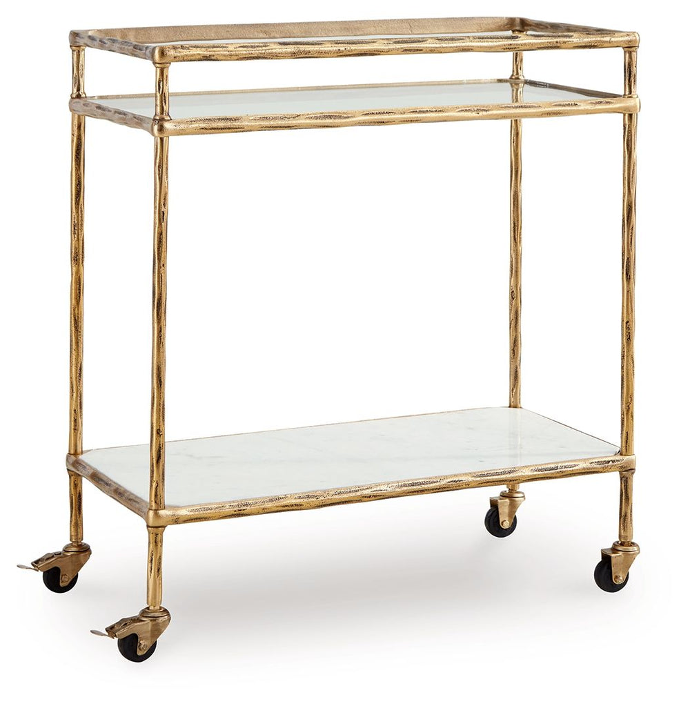 Store and serve in sleek style with this bar cart. Its casually cool design combines an antiqued brass-tone frame with white marble and clear glass. Rails on the top shelf help bottles and shakers stay organized. And with its rolling casters, you can make