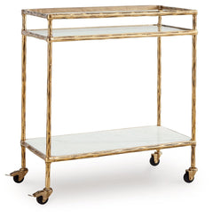 Store and serve in sleek style with this bar cart. Its casually cool design combines an antiqued brass-tone frame with white marble and clear glass. Rails on the top shelf help bottles and shakers stay organized. And with its rolling casters, you can make
