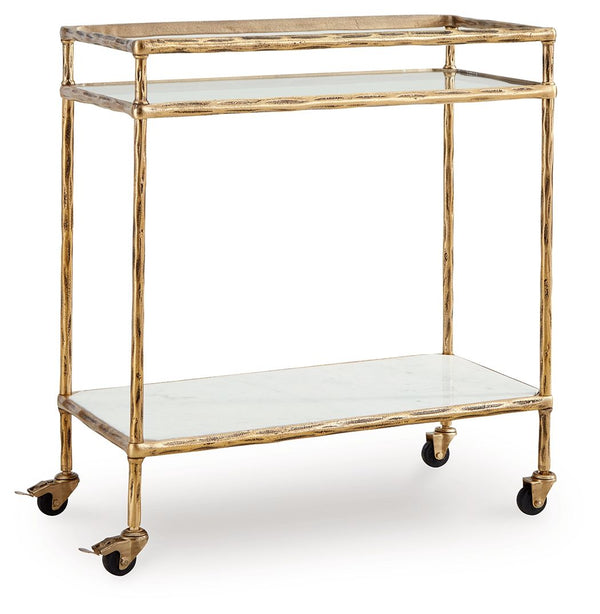 Store and serve in sleek style with this bar cart. Its casually cool design combines an antiqued brass-tone frame with white marble and clear glass. Rails on the top shelf help bottles and shakers stay organized. And with its rolling casters, you can make