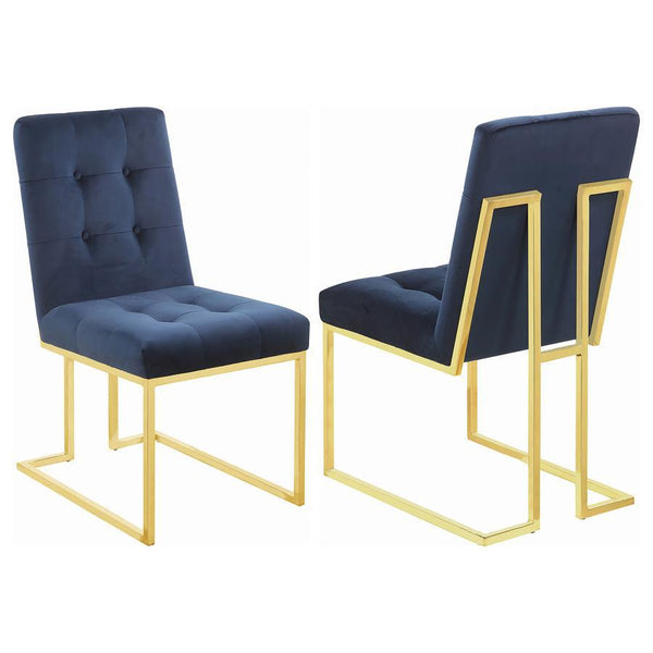 Bold color and radiant metallic from this armless dining chair create a stunning visual. Arranged elegantly, sleek and metallic gold legs create an open feel. Plush blue cushions fill the seat and back, elevated with button tufts. Bold colors and angles m