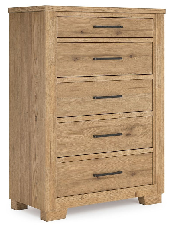 This chest of drawers expertly refines the raw beauty of wood, bringing a rustic vibe to urban contemporary design. Natural details on the wood, unique to each piece, create an organically beautiful feel in your bedroom. And the stunning simplicity of the