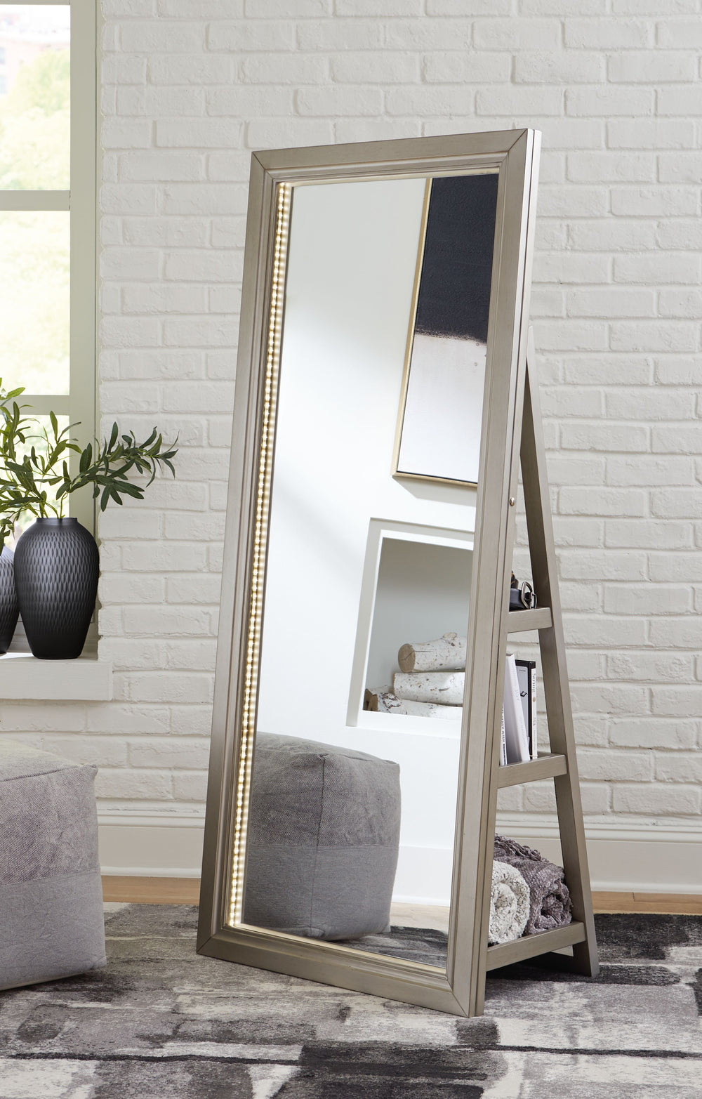 This floor mirror with storage makes on-the-go glam effortless. Complete outfits with accessories in an instantâ€”with easy-to-access shelving on the back, you can keep all your favorites on hand. And last-minute makeup touchups are made easy with sleek L