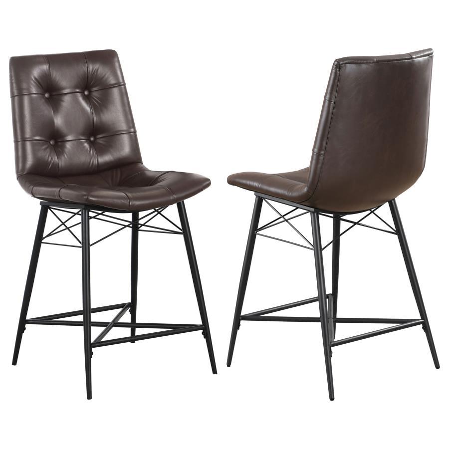 Cool and cozy, this counter height stool is the ultimate dining room upgrade. The padded seat is wrapped in smooth leatherette for an inviting look and feel. Button tufting adds a subtle, decorative touch. A sleek, metal base gives it a modern look while 