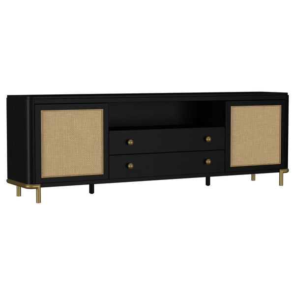 This refined entertainment unit transforms your living room with artisanal detail. Accommodating up to 85-inch displays, this TV stand integrates Asian hardwood, engineered wood, ash veneer, and rattan. A modern neutral finish and aged brass legs exude ti