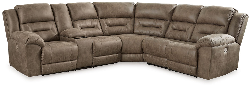 This power reclining sectional is designed exclusively for those who are serious about R&R. Its overstuffed cushions and pillow top arms feel oh-so-plush, and the faux leather upholstery accented with jumbo stitching is silky soft. Go from upright to recl