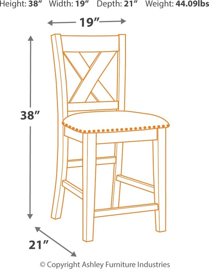 Casual lifestyle design constructed with Acacia veneer and solids. Finished in an antiqued gray wash color. X-back chairs feature solid wood frame and cushioned seat covered with a gray textured polyester fabric with nail head trim. Matching backless benc