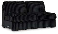 This armless loveseat is made with polyester upholstery. Pairs with other items in the series to make a sectional.<br><br><b>Additional Dimensions</b><br><ul><li>Seat depth: 36-"</li><li>Seat height: 33-"</li><li>Top of cushion to top of back: 29-"</li><l