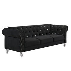 The New Classic Emma Chesterfield Velvet 3 Seat Sofa is a blend of soft elegance and sophisticated design. Crafted from 100% polyester velvet fabric, it offers cozy and indulgent seating for three. The glam tailoring features tufted backs and arms adorned