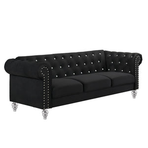 The New Classic Emma Chesterfield Velvet 3 Seat Sofa is a blend of soft elegance and sophisticated design. Crafted from 100% polyester velvet fabric, it offers cozy and indulgent seating for three. The glam tailoring features tufted backs and arms adorned