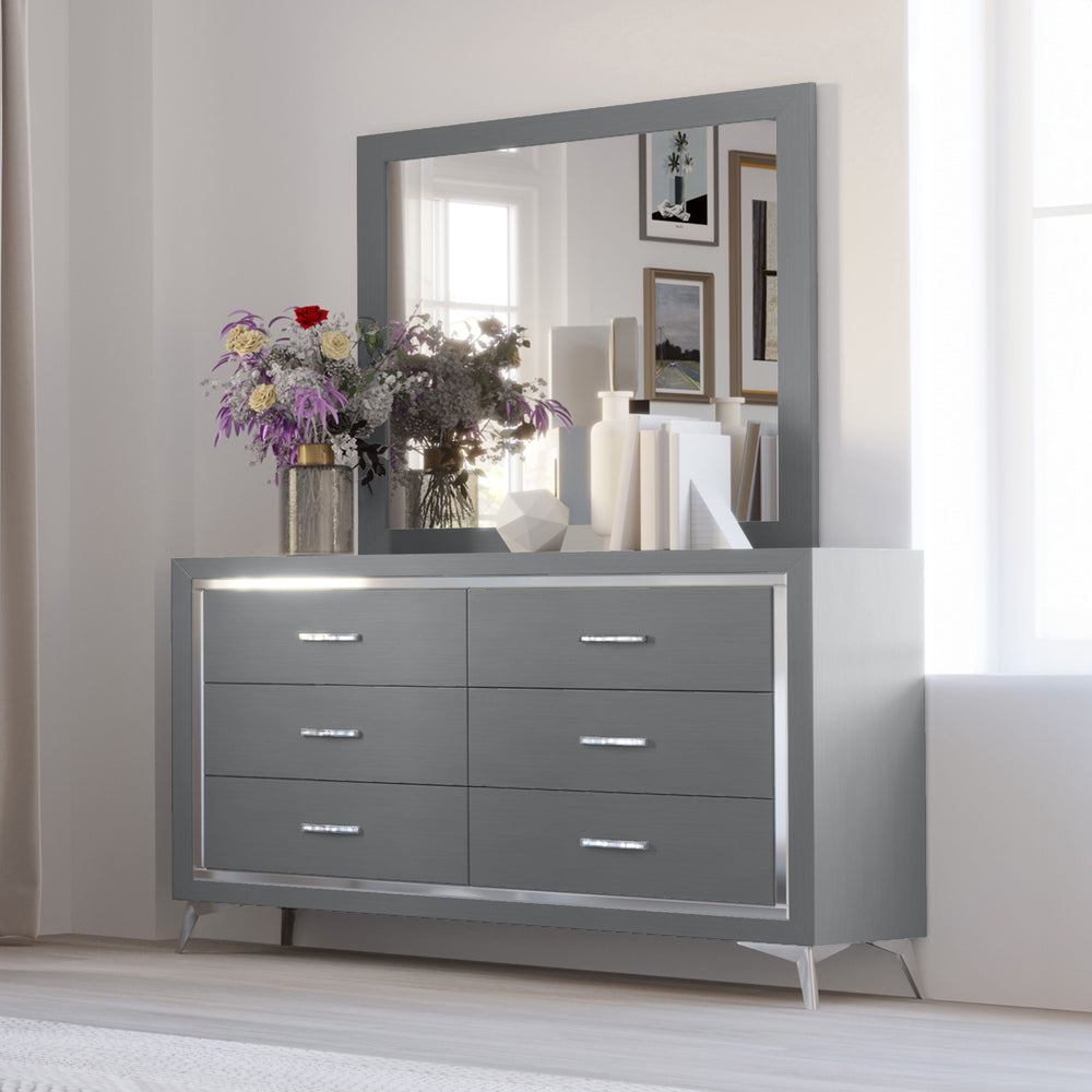 The Huxley 2-Piece Dresser and Mirror Set in Gray seamlessly blends contemporary glam with durable construction for a sophisticated bedroom upgrade. This set includes a 6-drawer dresser and an elegant mirror, both meticulously crafted from manufactured wo