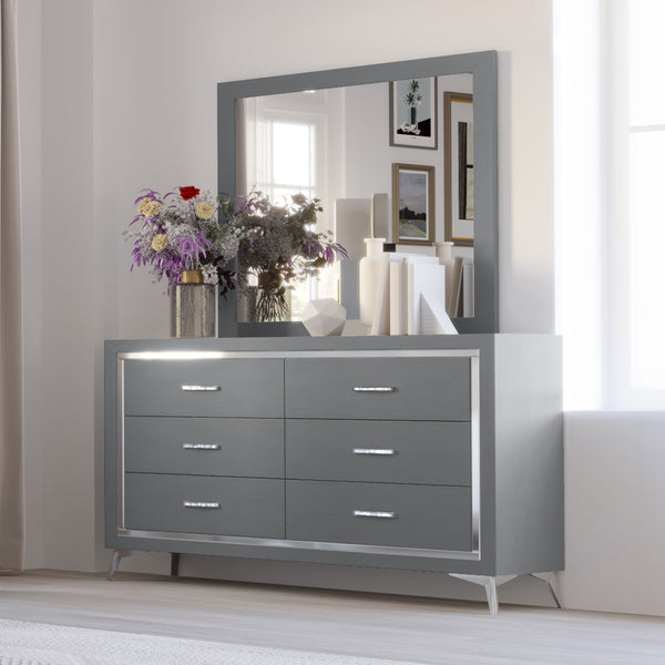 The Huxley 2-Piece Dresser and Mirror Set in Gray seamlessly blends contemporary glam with durable construction for a sophisticated bedroom upgrade. This set includes a 6-drawer dresser and an elegant mirror, both meticulously crafted from manufactured wo