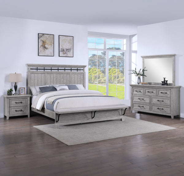 This bedroom suite offers a refreshing take on rustic charm, featuring a soft greige finish that highlights the natural wood grain. The sturdy bed stands as the centerpiece with its robust headboard and inviting design, while the accompanying pieces â€” a
