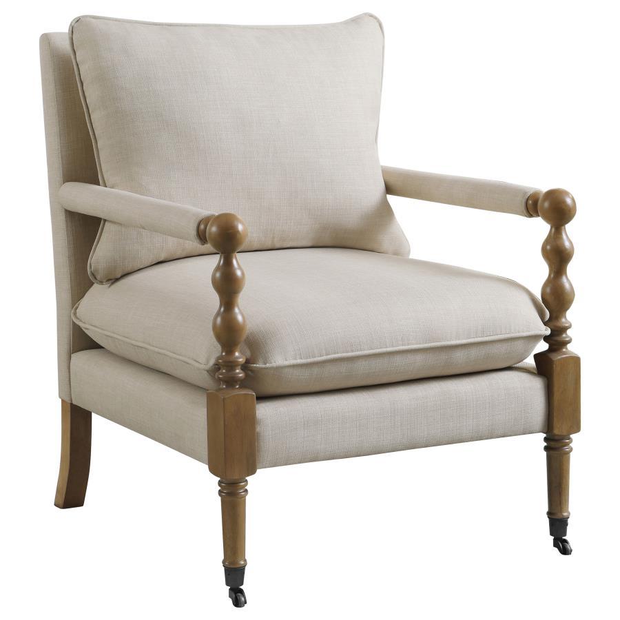 Introduce stylish comfort to a master suite or living room seating area. This upholstered accent chair features wonderful linen-line fabric that elevates its inviting style to new heights. Exposed wood framing in a dark oak finish draws the eye and offers