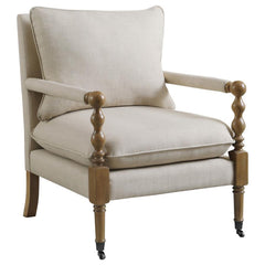 Introduce stylish comfort to a master suite or living room seating area. This upholstered accent chair features wonderful linen-line fabric that elevates its inviting style to new heights. Exposed wood framing in a dark oak finish draws the eye and offers