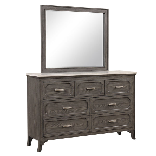Introducing the Lisbon Dresser and Mirror 2 Piece Set in Gray, a timeless ensemble designed to elevate your bedroom with sophistication and functionality. Crafted from durable Acacia solid wood and adorned with eco-friendly embossed oak laminate, this set