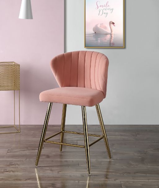 Rizgek - Counter Height Chair - Pink Velvet & Gold Finish