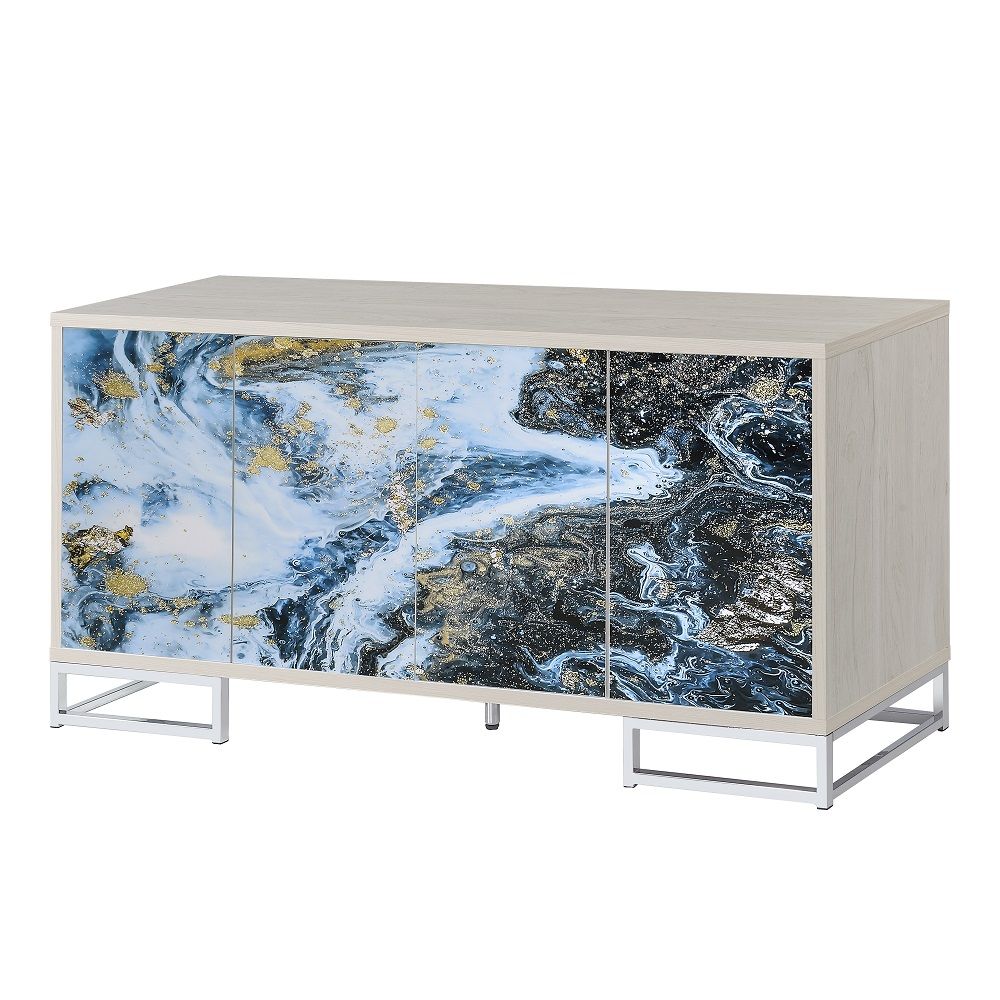 Introducing our stunning Liam console cabinet - the perfect addition to any modern home. With its white-washed oak finish and blue and gold marble printed door fronts, this cabinet is both stylish and functional. The unique combination of colors and textu