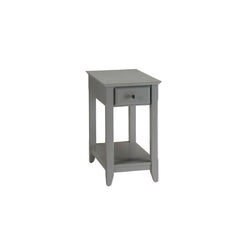 With transitional styling and skinny footprint, this Bertie side table collection does not take away from living space while still offering open storage as well as a drawer. Offered in four colors white, light green, walnut, and gray. One of them is sure 