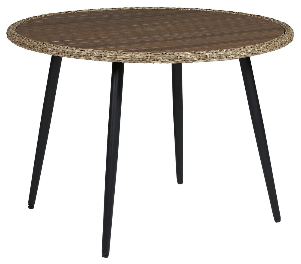 This round outdoor table sets the standard for alfresco dining. Its powder coated steel frame and resin tabletop are ready to withstand the elements for seasons to come. The dining table-'s cool two-tone color scheme adds another layer of interest to your