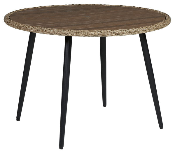 This round outdoor table sets the standard for alfresco dining. Its powder coated steel frame and resin tabletop are ready to withstand the elements for seasons to come. The dining table-'s cool two-tone color scheme adds another layer of interest to your