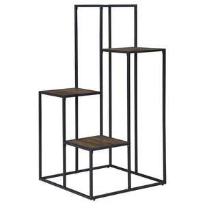 Make a statement with a tiered shelving unit. Four open shelves create the perfect place for displaying your favorite decor items. Its industrial design is enhanced with a black metal frame. Meanwhile, the rustic wood finish makes a contrast against the f