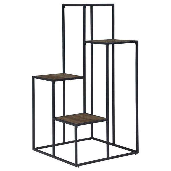 Make a statement with a tiered shelving unit. Four open shelves create the perfect place for displaying your favorite decor items. Its industrial design is enhanced with a black metal frame. Meanwhile, the rustic wood finish makes a contrast against the f