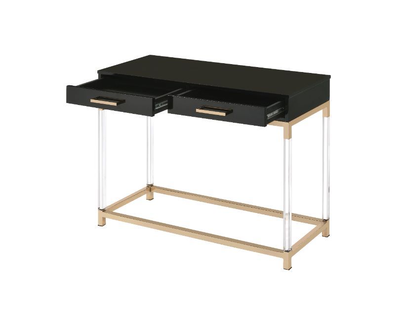 Match your seating ensemble with this Adiel Console Table that lend a modern flair to your living room. The beautiful metal frame in gold finish adds a touch of glam to this contemporary piece, with clear acrylic legs that elegantly frame the design. The 
