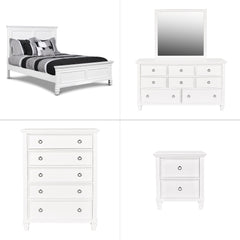 The Tamarack 5 Piece Bedroom Set in white, featuring a Panel Bed, Dresser, Mirror, Chest, and Nightstand, is a remarkable blend of durability and style. Built with solid poplar, basswood veneers, and eco-friendly manufactured wood, this set promises stren