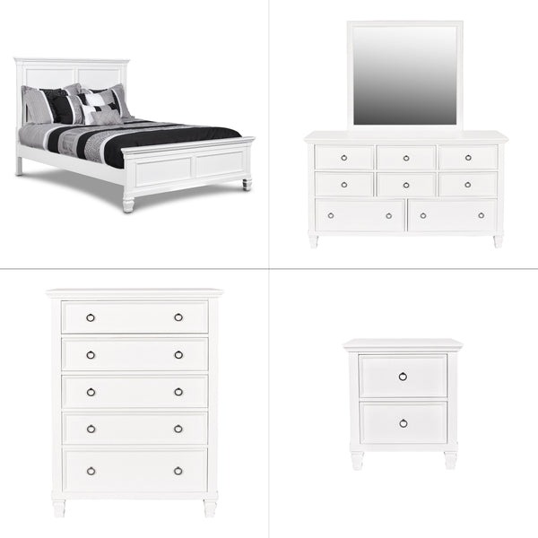 The Tamarack 5 Piece Bedroom Set in white, featuring a Panel Bed, Dresser, Mirror, Chest, and Nightstand, is a remarkable blend of durability and style. Built with solid poplar, basswood veneers, and eco-friendly manufactured wood, this set promises stren