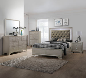 Step into a realm of sophistication and comfort with this stunning bedroom collection. Each piece showcases an exquisite blend of traditional charm and contemporary flair, making a bold statement with its textured surfaces and elegant champagne finish. Th