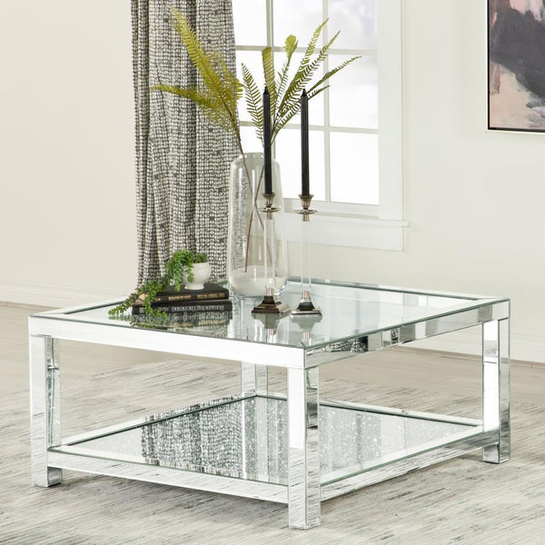  it offers modern flair and sophistication. The sparkling acrylic jewel-encrusted bottom shelf adds a dazzling touc