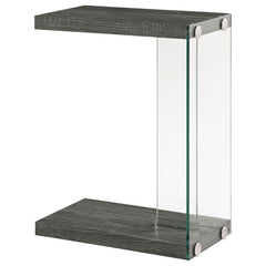 This C-shaped side table combines modern design with practical functionality, making it a versatile addition to your living space. Featuring a weathered grey engineered wood top and base, it exudes a contemporary woodgrain texture. The clear tempered glas
