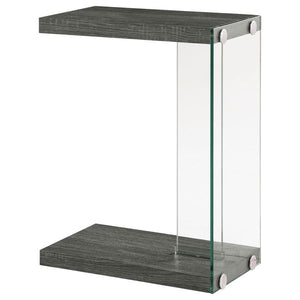 This C-shaped side table combines modern design with practical functionality, making it a versatile addition to your living space. Featuring a weathered grey engineered wood top and base, it exudes a contemporary woodgrain texture. The clear tempered glas