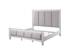 The Katia collection is perfect for creating a modern rustic or farmhouse aesthetic. Merging old and new design features and finishes. The bed features a channel-tufted headboard and footboard in gray linen that pops against the white frame. The case good