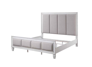 The Katia collection is perfect for creating a modern rustic or farmhouse aesthetic. Merging old and new design features and finishes. The bed features a channel-tufted headboard and footboard in gray linen that pops against the white frame. The case good