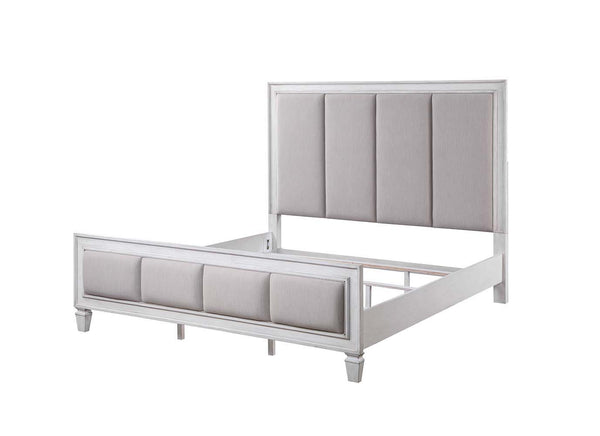 The Katia collection is perfect for creating a modern rustic or farmhouse aesthetic. Merging old and new design features and finishes. The bed features a channel-tufted headboard and footboard in gray linen that pops against the white frame. The case good