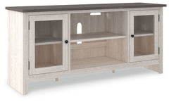 With its two-tone finish and minimalist charm, this TV stand with fireplace option is right in tune with your relaxed approach to high style. Beautifully made to accommodate your media equipment, itâ€™s well equipped with adjustable shelving, cutouts for 