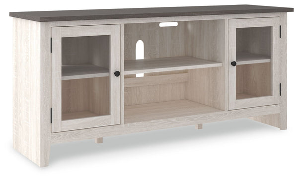 With its two-tone finish and minimalist charm, this TV stand with fireplace option is right in tune with your relaxed approach to high style. Beautifully made to accommodate your media equipment, itâ€™s well equipped with adjustable shelving, cutouts for 