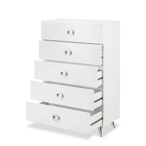  with contemporary style offers a timeless design that will last through the ages. The silver tapered legs and ring pulls pop against the white finish for a sophisticated