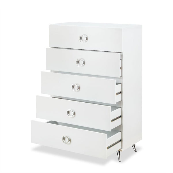  with contemporary style offers a timeless design that will last through the ages. The silver tapered legs and ring pulls pop against the white finish for a sophisticated