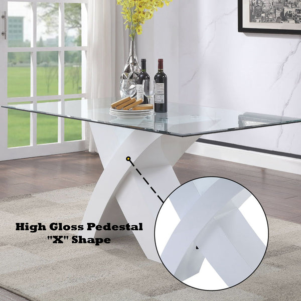  Fixed Top (NO Extension Included) High Gloss Pedestal CONSTRUCTION Glass Top: Glass Top: 10mm Clear Tempered Glass w/25mm Beveled Edge Pedestal -"X-" Shape: High Gloss Finish<br/><b