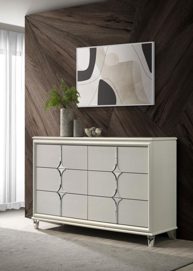 Enhance your bedroomâ€™s allure with this exquisite 6-drawer dresser, a masterpiece of modern design and practical elegance. The pearl white finish, complemented by mirror framing and unique diamond star drawer fronts, exudes sophistication. Special featu