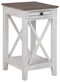 Modern meets vintage in this accent table. Made of wood, it creates a vintage vibe with a distressed white and gray finish and crossbuck supports on two sides. Two USB charging ports add modern function. This is a must-have piece for your living space.<br