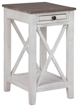 Modern meets vintage in this accent table. Made of wood, it creates a vintage vibe with a distressed white and gray finish and crossbuck supports on two sides. Two USB charging ports add modern function. This is a must-have piece for your living space.<br