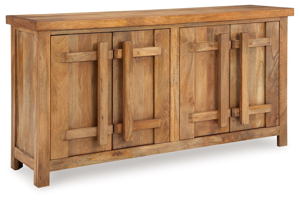 Say hello to style and bid farewell to clutter without compromising on design. This accent cabinet radiates refined modern craftsman influence. Impressive detailing and cabinets with dynamic oversized wooden pulls create organic appeal. Offering ample sto