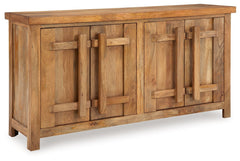 Say hello to style and bid farewell to clutter without compromising on design. This accent cabinet radiates refined modern craftsman influence. Impressive detailing and cabinets with dynamic oversized wooden pulls create organic appeal. Offering ample sto