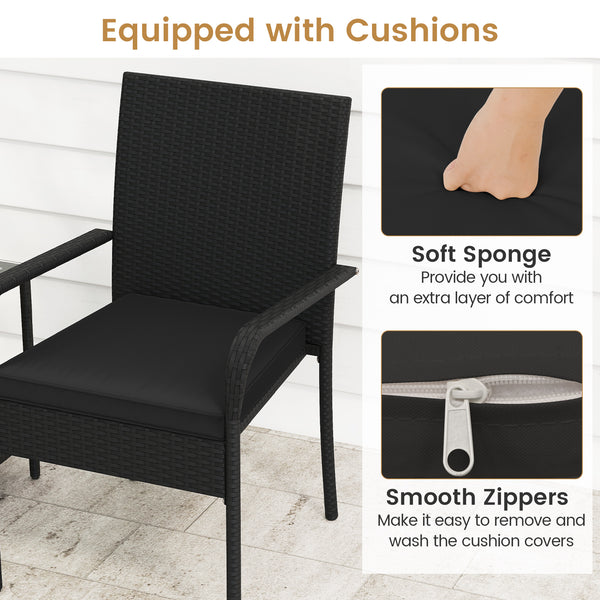 Crafted from appealing and long-lasting PE rattan<br>Comfortable to sit with ergonomic backrest and armrests<br>Soft seat cushions bring more coziness<br>Zippered cushion covers for simple maintenance<br>Side table with 2-tier design for more storage spac