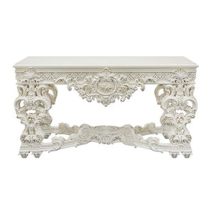 this console table features a round tabletop that is followed by intricate detailing around t